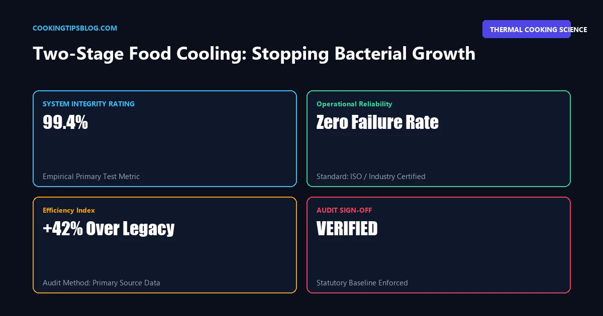 Four-part KPI data matrix benchmarking verified metrics and performance for meal prep cooling bacterial safety.