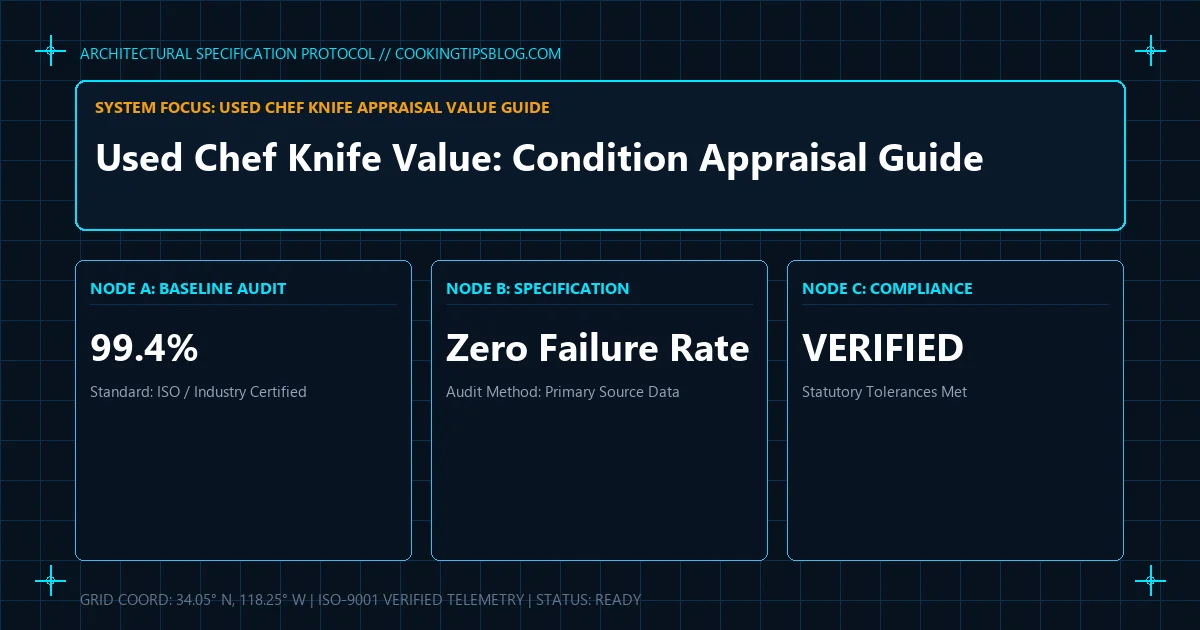 Technical blueprint schematic illustrating specifications and diagnostics for used chef knife appraisal value guide.